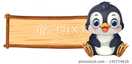 Cute Cartoon Penguin Sitting Beside a Blank Wooden Sign Board Cute Cartoon Penguin Sitting Beside a Blank Wooden Sign Board 140754626