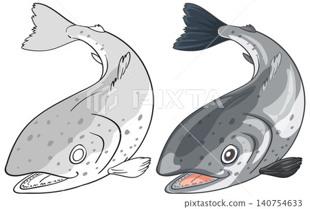 Two Salmon Fish Vector Illustrations in Outline and Color Styles Two Salmon Fish Vector Illustrations in Outline and Color Styles 140754633