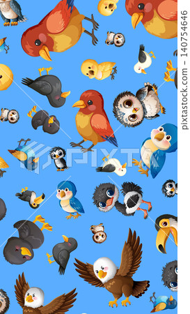 Seamless Vector Pattern of Cute Cartoon Birds on Blue Background Seamless Vector Pattern of Cute Cartoon Birds on Blue Background 140754646