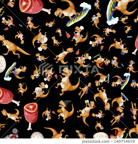Cartoon Tyrannosaurus Rex Seamless Pattern with Various Hobbies and Costumes Cartoon Tyrannosaurus Rex Seamless Pattern with Various Hobbies and Costumes 140754659