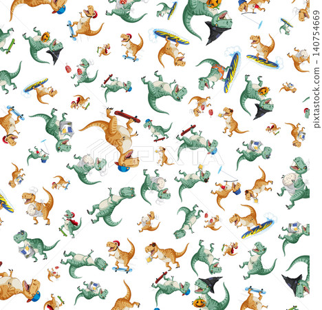 Seamless Cartoon Pattern of Tyrannosaurus Rex Dinosaurs in Various Costumes Seamless Cartoon Pattern of Tyrannosaurus Rex Dinosaurs in Various Costumes 140754669