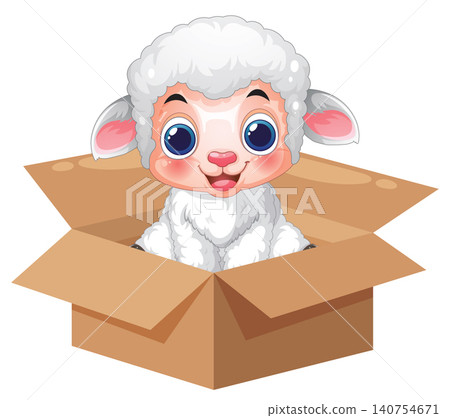 Cute Cartoon Lamb Sitting Inside an Open Cardboard Box Cute Cartoon Lamb Sitting Inside an Open Cardboard Box 140754671
