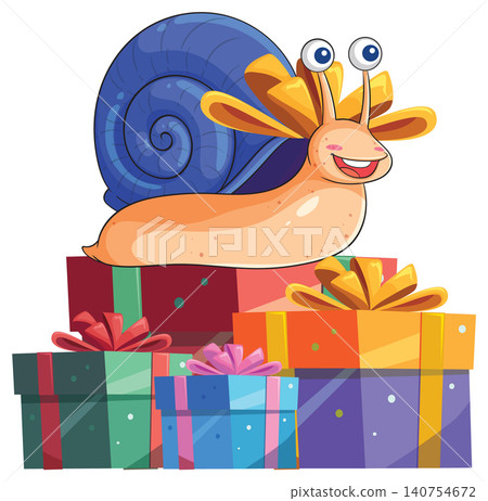 Happy Snail with Yellow Bow Resting on Stack of Wrapped Presents Happy Snail with Yellow Bow Resting on Stack of Wrapped Presents 140754672
