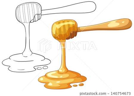 Wooden Honey Dipper with Dripping Golden Honey and Outline Version Wooden Honey Dipper with Dripping Golden Honey and Outline Version 140754673