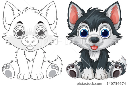 Cute Cartoon Siberian Husky Puppy Vector Illustration and Coloring Page Cute Cartoon Siberian Husky Puppy Vector Illustration and Coloring Page 140754674
