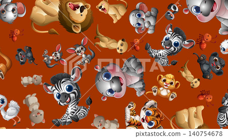 Seamless Pattern of Cute Cartoon African Safari Animals on Brown Background Seamless Pattern of Cute Cartoon African Safari Animals on Brown Background 140754678