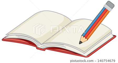 Open Red Notebook with a Multicolored Pencil on White Background Open Red Notebook with a Multicolored Pencil on White Background 140754679