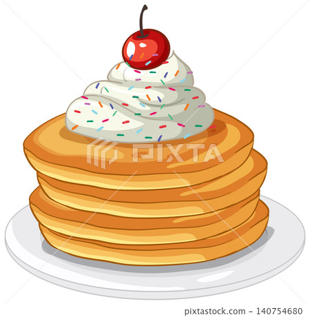 Stack of Golden Pancakes with Whipped Cream and a Cherry 140754680