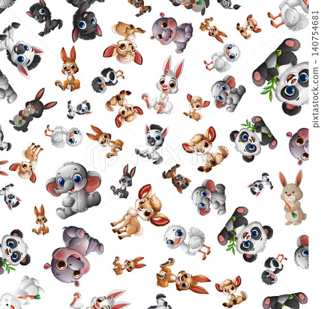 Seamless Vector Pattern of Cute Cartoon Safari and Forest Animals 140754681