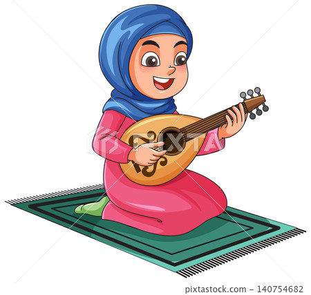 Young Muslim Girl in Hijab Playing an Oud on a Rug Young Muslim Girl in Hijab Playing an Oud on a Rug 140754682