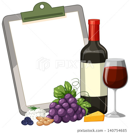 Red Wine Bottle and Glass with Grapes and Blank Clipboard Red Wine Bottle and Glass with Grapes and Blank Clipboard 140754685