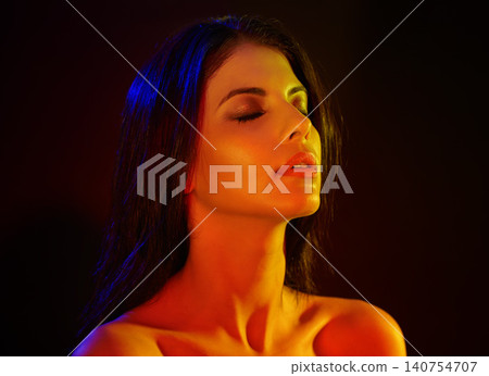 Studio, model or beauty in artistic lighting with eyes closed, shadow or silhouette of hand on black background. Woman, cosmetic and creative aesthetic for art deco and makeup for skincare or facial Studio, model or beauty in artistic lighting with eyes closed, shadow or silhouette of hand on black background. Woman, cosmetic and creative aesthetic for art deco and makeup for skincare or facial 140754707