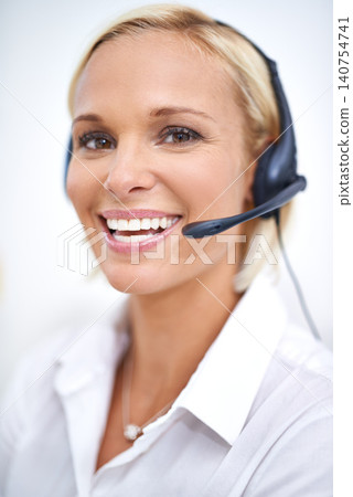 Woman, smile and portrait in call center with mic for networking, telemarketing and contact at crm job. Person, happy and headphones with voip for communication, customer service or technical support Woman, smile and portrait in call center with mic for networking, telemarketing and contact at crm job. Person, happy and headphones with voip for communication, customer service or technical support 140754741