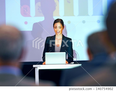 Business woman, podium and presentation with projector screen, conference or workshop with laptop for slideshow. Corporate training, seminar and speaker with info, audience and professional speech Business woman, podium and presentation with projector screen, conference or workshop with laptop for slideshow. Corporate training, seminar and speaker with info, audience and professional speech 140754902
