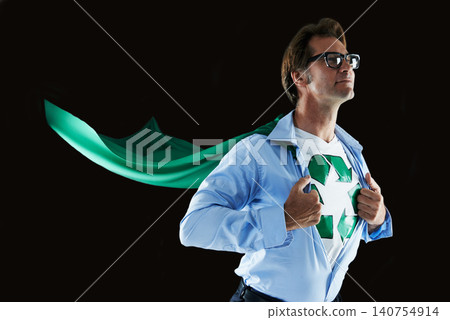 Recycle, businessman and superhero for protection, environment or sustainability in studio background. Disguise, employee and person with cape for eco friendly, carbon footprint or waste management Recycle, businessman and superhero for protection, environment or sustainability in studio background. Disguise, employee and person with cape for eco friendly, carbon footprint or waste management 140754914