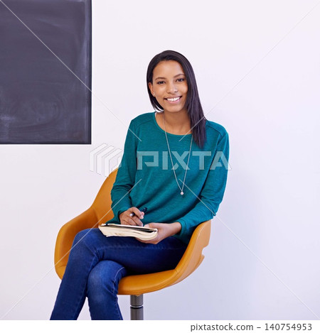 Woman, designer and happy portrait in office with notebook for creative drawing and animation planning. Cartoonist, entrepreneur and face of person with book for illustration, strategy and smile 140754953