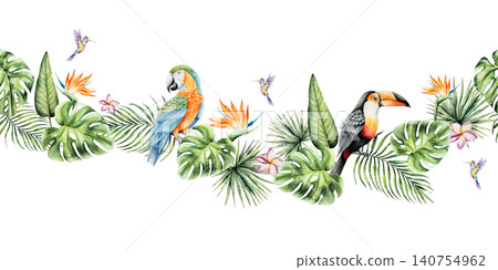 Seamless pattern. Toco toucan and parrot macaw sitting on a branch, leaves of a palm tree, Strelitzia, monstera. Watercolor hand drawn bird, isolated illustration on transparent background. Perfect Seamless pattern. Toco toucan and parrot macaw sitting on a branch, leaves of a palm tree, Strelitzia, monstera. Watercolor hand drawn bird, isolated illustration on transparent background. Perfect 140754962