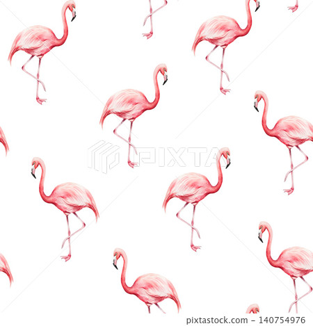 Pink flamingo bird seamless pattern. Watercolor hand drawn zoo animal, isolated illustration on transparent background. Perfect for tropical design projects. For designers, invitations, decoration 140754976