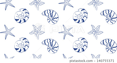 Minimal line art blue nautilus seashells and starfish seamless pattern on white background Minimal line art blue nautilus seashells and starfish seamless pattern on white background 140755371