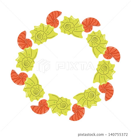 Round frame wreath with green spiky seashells and orange nautilus shells on white background Round frame wreath with green spiky seashells and orange nautilus shells on white background 140755372
