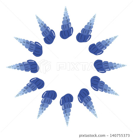 Starburst round frame design made of blue spiral cone seashells on white background Starburst round frame design made of blue spiral cone seashells on white background 140755373
