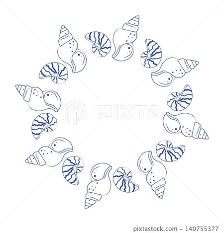 Blue line art nautilus and spiral seashells round border on white background Blue line art nautilus and spiral seashells round border on white background 140755377