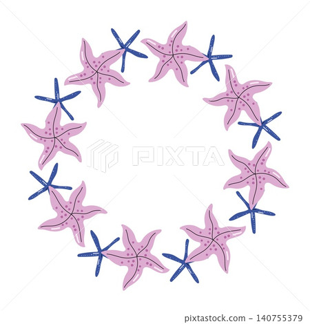 Round frame wreath made of cute pink and dark blue starfish on white background Round frame wreath made of cute pink and dark blue starfish on white background 140755379