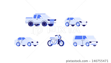 A minimalist flat design illustration showcasing a collection of common vehicles, including a pickup truck, a hatchback, a sedan, a motorcycle, and a van A minimalist flat design illustration showcasing a collection of common vehicles, including a pickup truck, a hatchback, a sedan, a motorcycle, and a van 140755471
