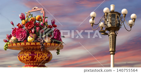 Street lamp and huge flower basket (against the sunset) in Tiananmen square, Beijing, China Street lamp and huge flower basket (against the sunset) in Tiananmen square, Beijing, China 140755564