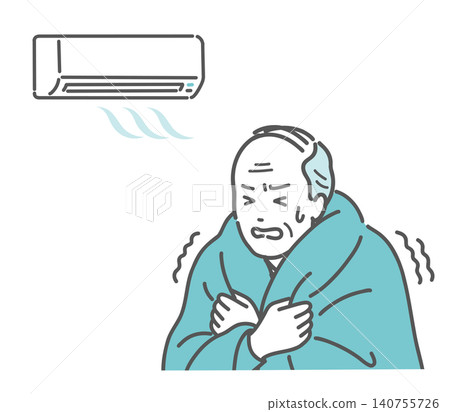 An illustration of a senior man shivering because the air conditioner is too cold. An illustration of a senior man shivering because the air conditioner is too cold. 140755726