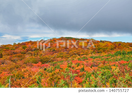 Under a cloudy autumn sky, the beautiful autumn foliage of Mount Kurikoma stretches endlessly down the valley, creating a stunning landscape of vibrant colors. 140755727