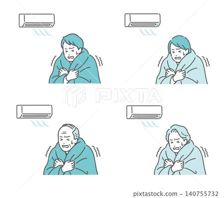 一組插圖描繪了人們(男人、女人和老年人)因空調而瑟瑟發抖的情景。 一組插圖描繪了人們(男人、女人和老年人)因空調而瑟瑟發抖的情景。 140755732