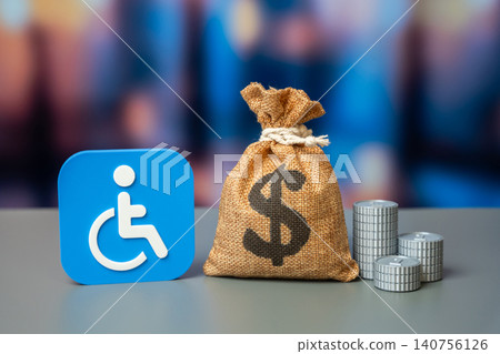Symbol of a person with a disability and a dollar money bag. Cash benefits and social payments. Budget line item for supporting vulnerable groups. 140756126