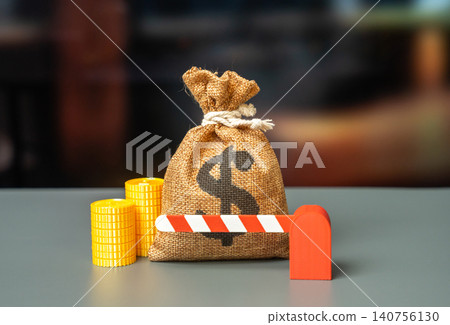 The dollar money bag is blocked by a closed barrier. Sanctions and capital embargoes. Freezing of funds and accounts. Prevent money laundering. Government lockdown and halt in funding. The dollar money bag is blocked by a closed barrier. Sanctions and capital embargoes. Freezing of funds and accounts. Prevent money laundering. Government lockdown and halt in funding. 140756130