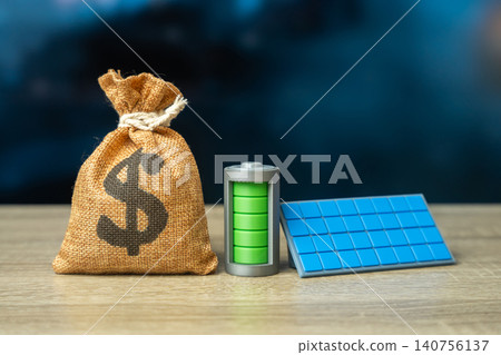 A solar panel and a dollar money bag. Investments in green energy. Profit from investing in an autonomous energy system. A solar panel and a dollar money bag. Investments in green energy. Profit from investing in an autonomous energy system. 140756137