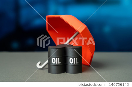 Oil barrels and an insurance umbrella. Ensuring the security and transportation of energy resources and petroleum products. Oil delivery insurance. Oil barrels and an insurance umbrella. Ensuring the security and transportation of energy resources and petroleum products. Oil delivery insurance. 140756143
