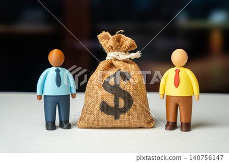 Two businessmen and a dollar money bag. Deal and transaction. Concluding a contract. Business partnership, joint project, and investment. 140756147