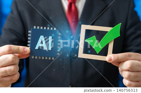A businessman holding AI technology and a work permit. Permission to implement AI models. Quality mark. Safety and controllability of artificial intelligence. AI tools for work. A businessman holding AI technology and a work permit. Permission to implement AI models. Quality mark. Safety and controllability of artificial intelligence. AI tools for work. 140756313
