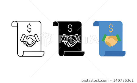 Contract agreement handshake document icon set outline silhouette and color vector isolated on white background Contract agreement handshake document icon set outline silhouette and color vector isolated on white background 140756361