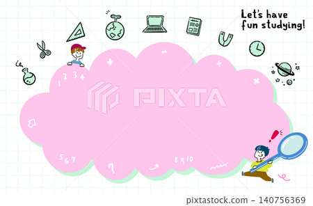 一個雲狀框架代表兒童學習，一個男孩的插圖，以及特定學科的插圖圖示。 140756369