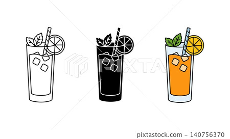 Iced cocktail drink with orange slice icon set outline silhouette and color vector isolated on white background 140756370