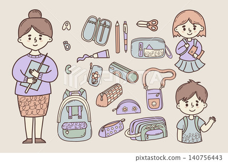 Back to School Doodle. Cute Teacher and Kids Pupils Boy, Girl, Many Pencil Cases, Scissors, Paint Tube, Backpacks and Stationery. Isolated Pastel Hand Drawn. Vector Illustration. Back to School Doodle. Cute Teacher and Kids Pupils Boy, Girl, Many Pencil Cases, Scissors, Paint Tube, Backpacks and Stationery. Isolated Pastel Hand Drawn. Vector Illustration. 140756443