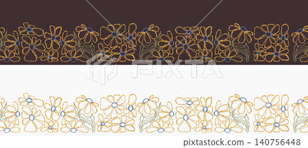 Seamless Floral Border Matisse Inspired Abstract Flowers Hand-Drawn Set. Botanical Outlines Texture On Dark and Light Background. Isolated Horizontal Pattern. Vector Illustration 140756448