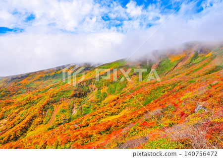 On a clear autumn day, Mount Kurikoma is at the peak of its autumn foliage, with glimpses of blue sky peeking through the clouds, creating a beautiful landscape of the entire mountain covered in vibrant autumn colors. 140756472