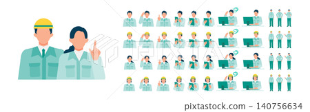 A collection of poses of men and women in work clothes and helmets. A collection of poses of men and women in work clothes and helmets. 140756634