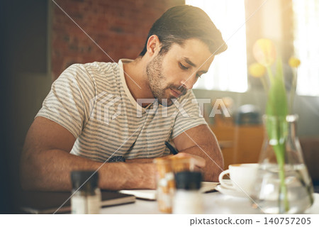 Man, coffee shop and freelancer for writing notes, inspiration and writer for creativity in restaurant. Male person, journal and plan for story or author, calm and peace in cafe for script project Man, coffee shop and freelancer for writing notes, inspiration and writer for creativity in restaurant. Male person, journal and plan for story or author, calm and peace in cafe for script project 140757205