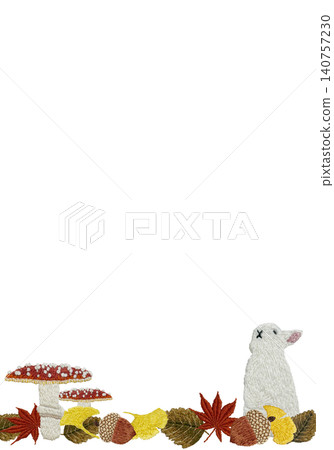 [垂直框，圖案為兔子、蘑菇、落葉和橡實] 手工刺繡插畫材料 140757230