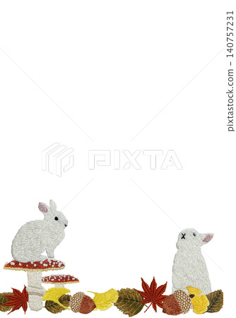 [垂直框，圖案為兔子、蘑菇、落葉和橡實] 手工刺繡插畫材料 140757231
