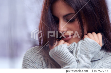 Woman, winter and fashion for cold weather in snow environment for warm clothes, freezing or cozy. Female person, jersey and outdoor style with wool clothing windy season, relax or travel destination Woman, winter and fashion for cold weather in snow environment for warm clothes, freezing or cozy. Female person, jersey and outdoor style with wool clothing windy season, relax or travel destination 140757264