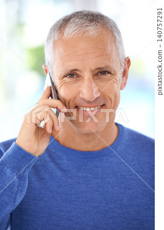 Portrait, man and phone call for contact, communication or talking with smile for good news. Happy, mature male person and smartphone for connectivity, discussion or conversation with closeup Portrait, man and phone call for contact, communication or talking with smile for good news. Happy, mature male person and smartphone for connectivity, discussion or conversation with closeup 140757291